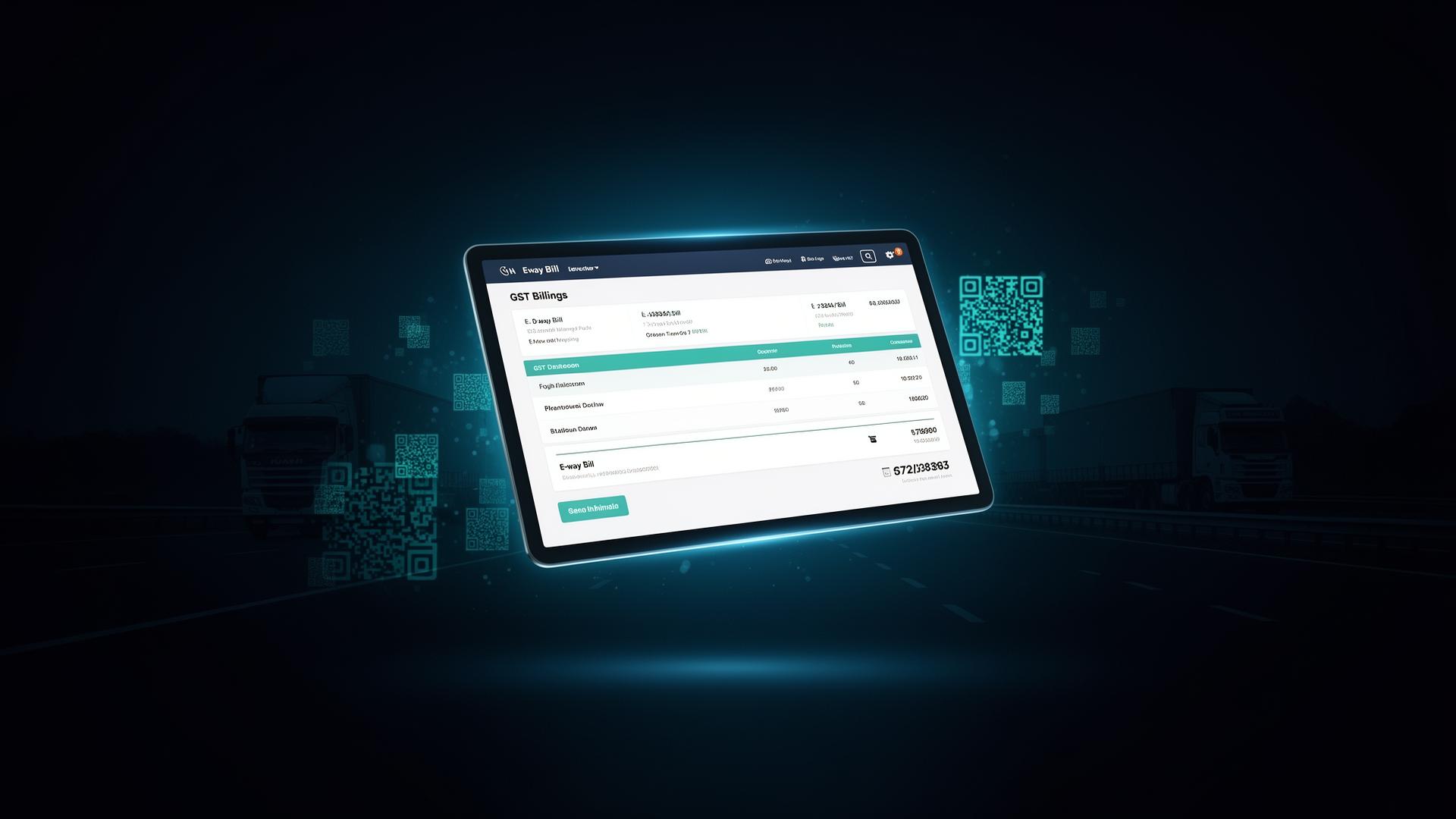 Glowing GST billing dashboard with transport e-way bill QR codes