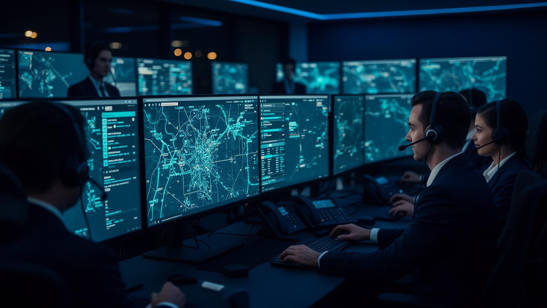 Truckia fleet support team monitoring GPS dashboards in operations control room