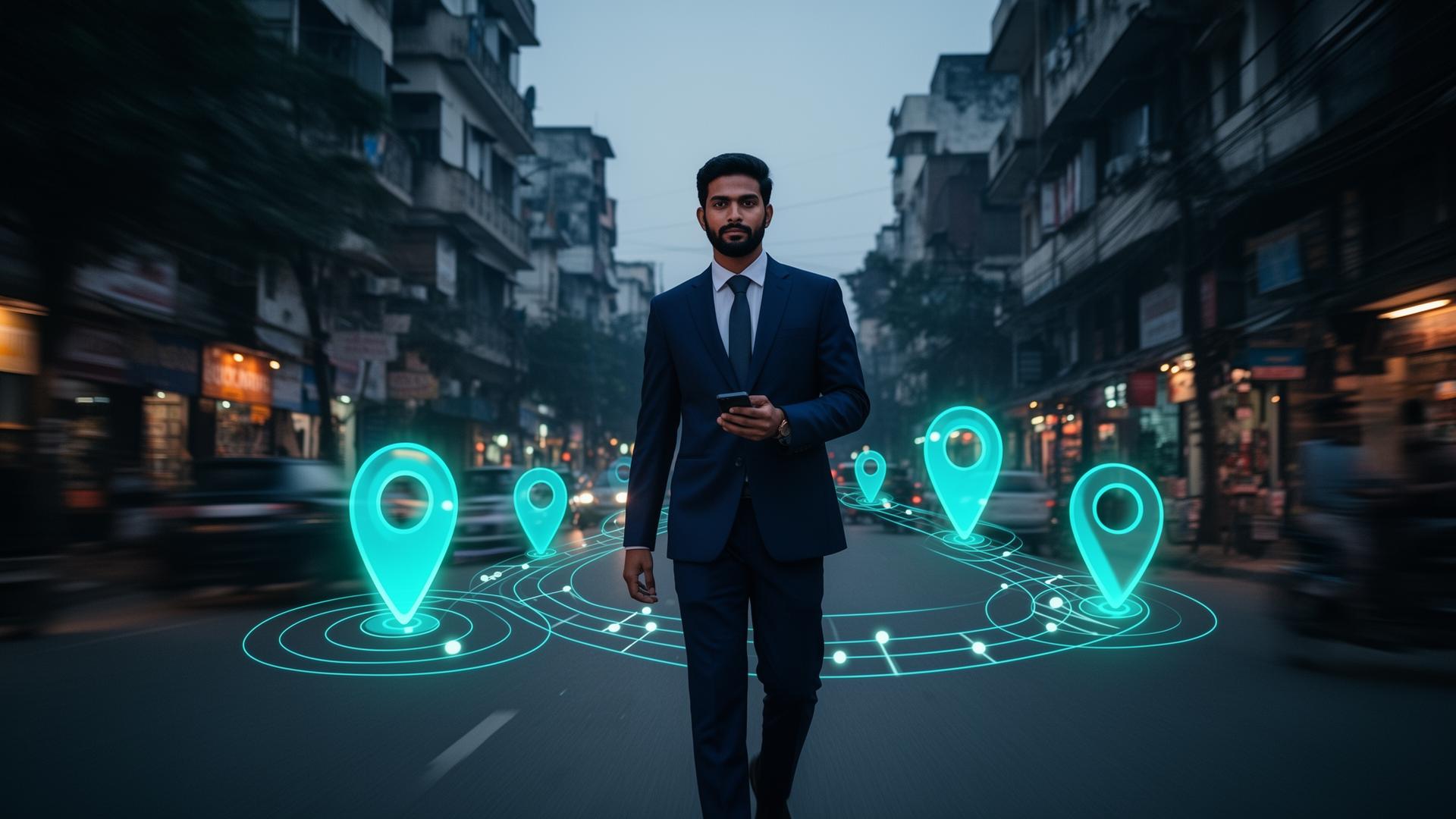 Field sales professional with glowing GPS map pins around him