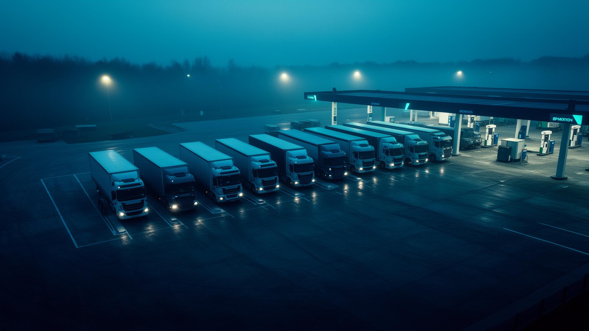 Fleet of trucks at a fuel depot