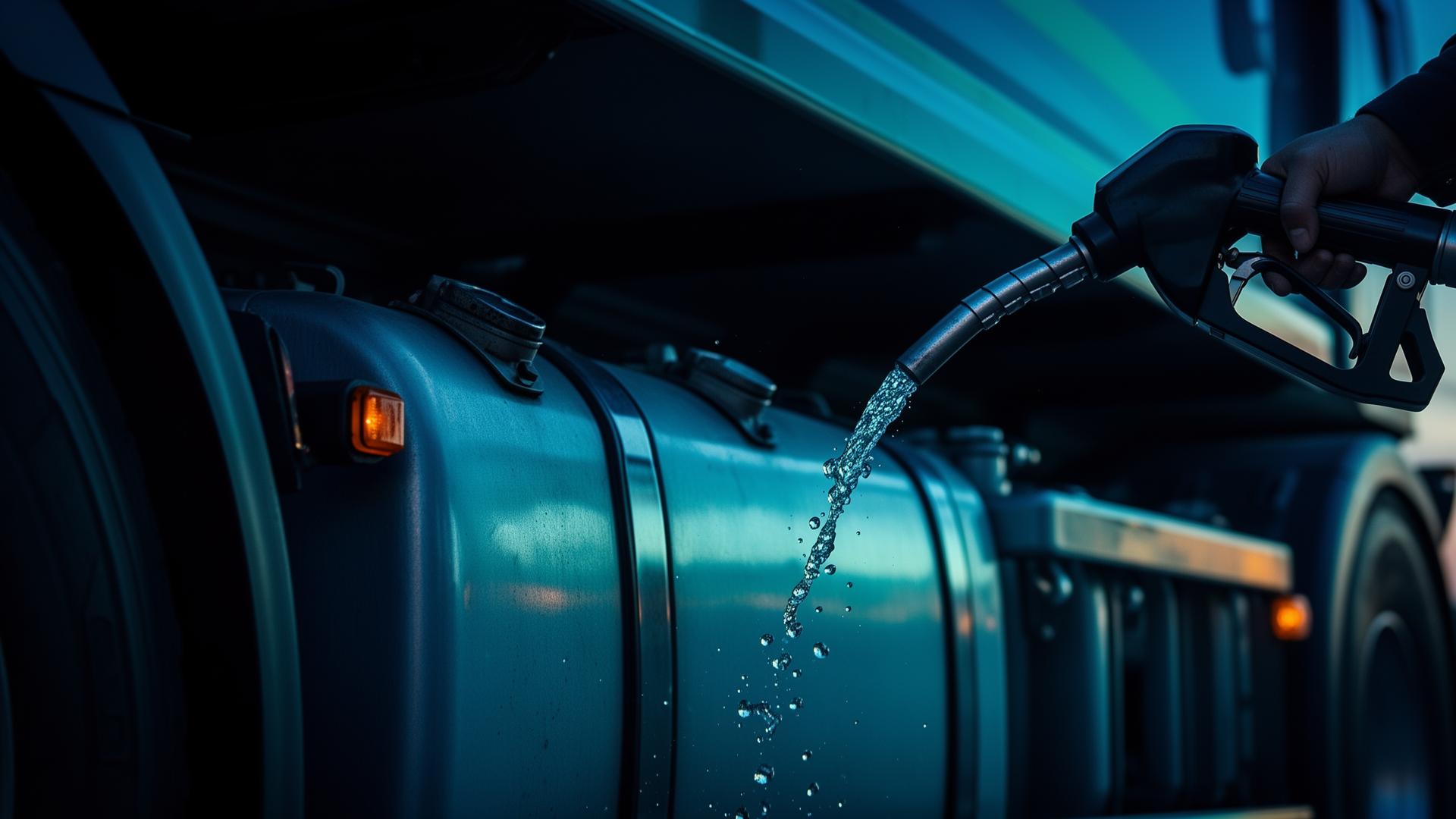 Fuel nozzle filling a large truck tank at dusk