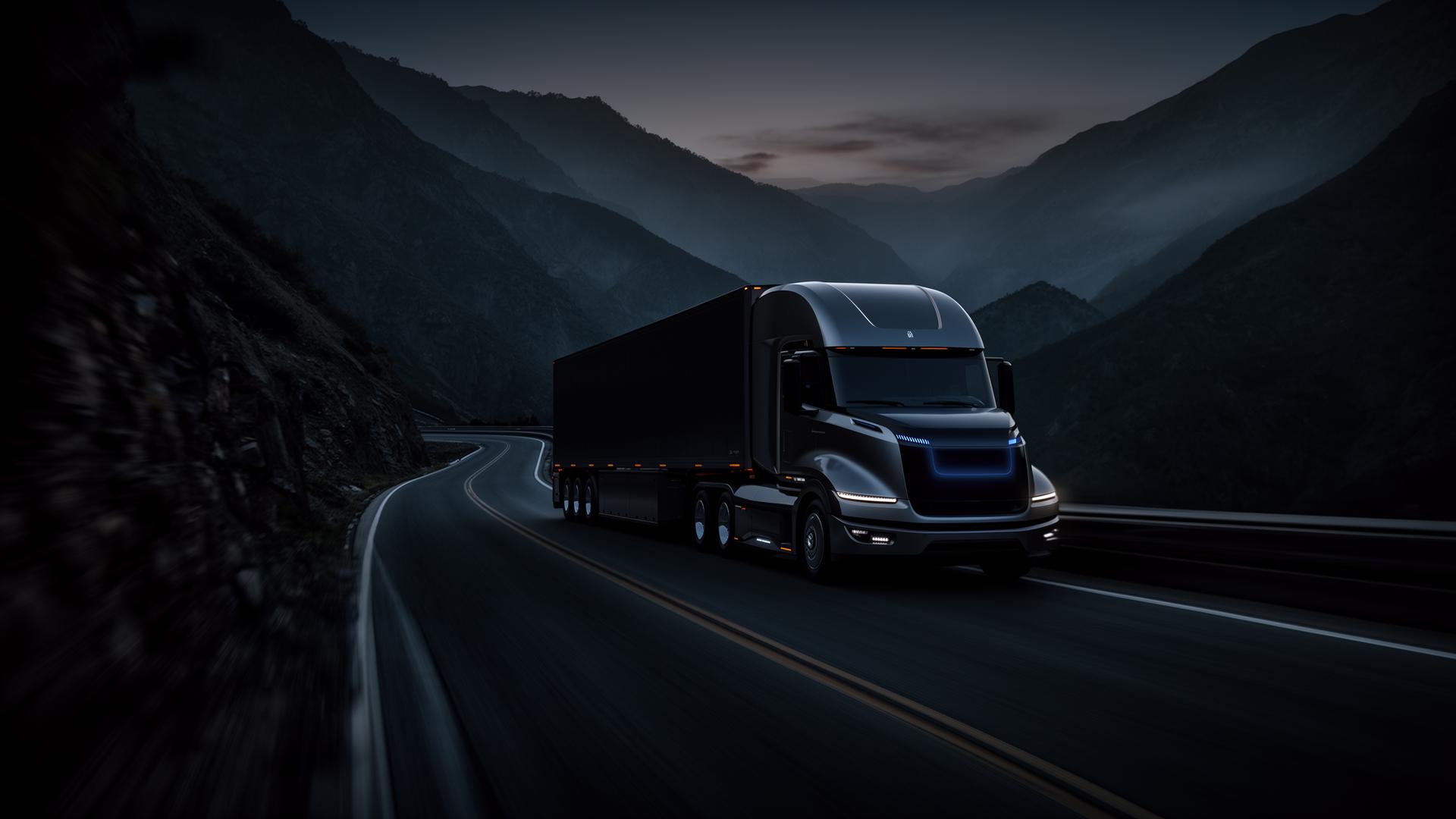 Smart fleet truck moving through misty twilight road