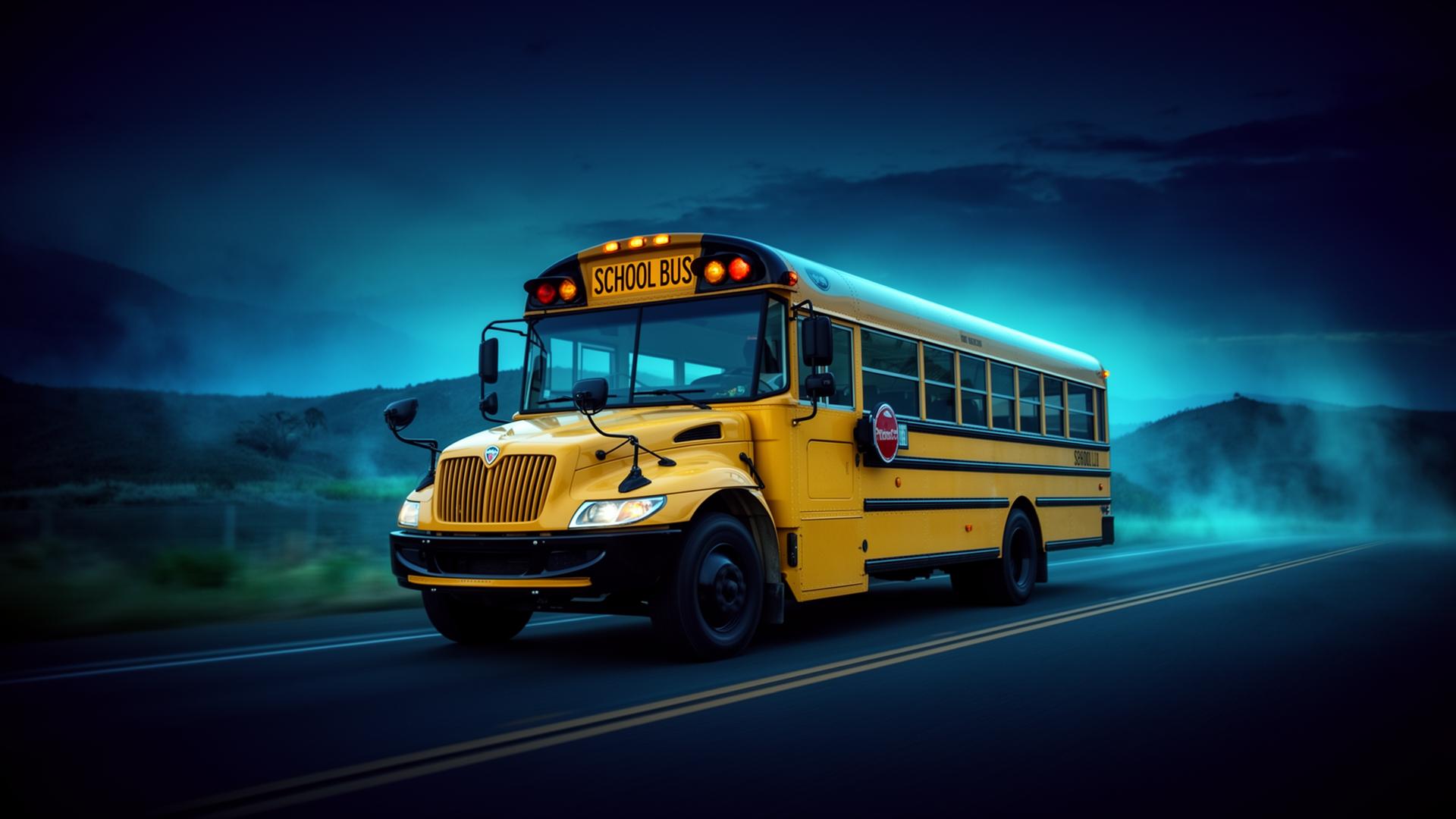 Yellow school bus on a scenic road at dusk