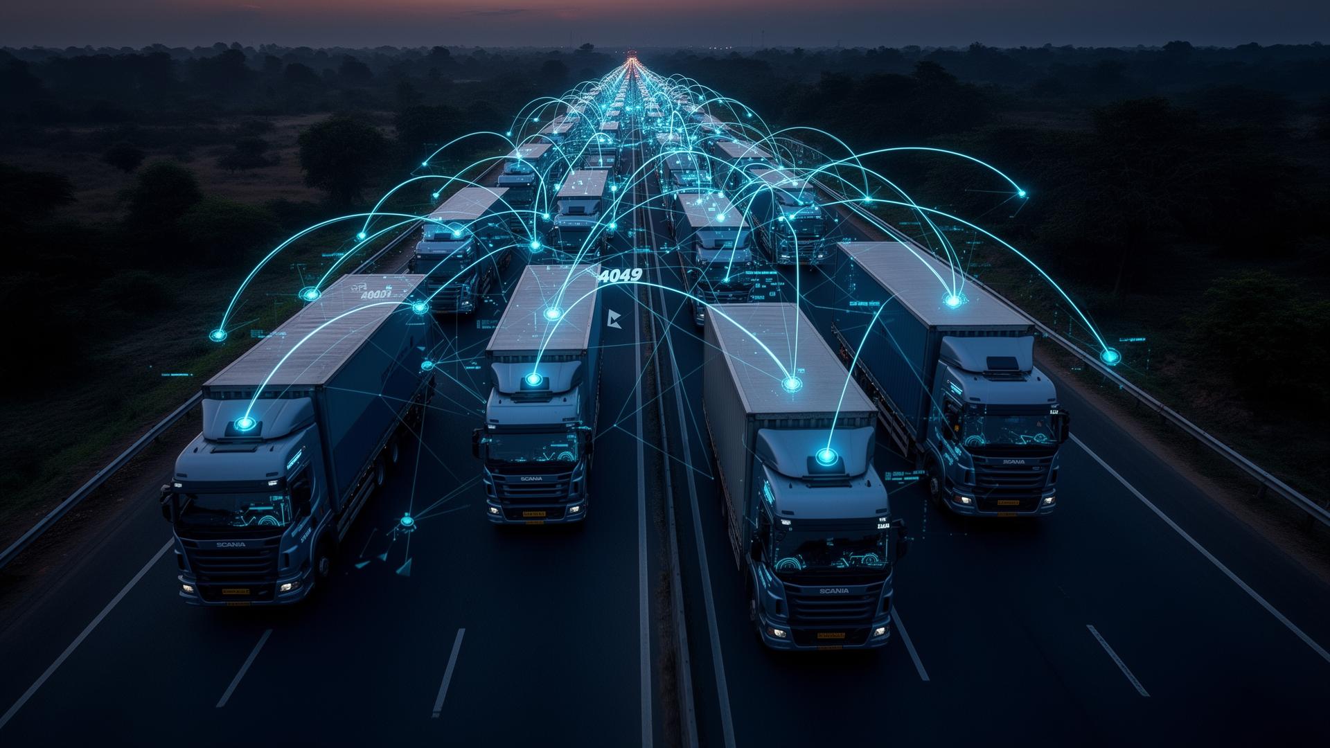Connected fleet of trucks on a highway with GPS network overlays